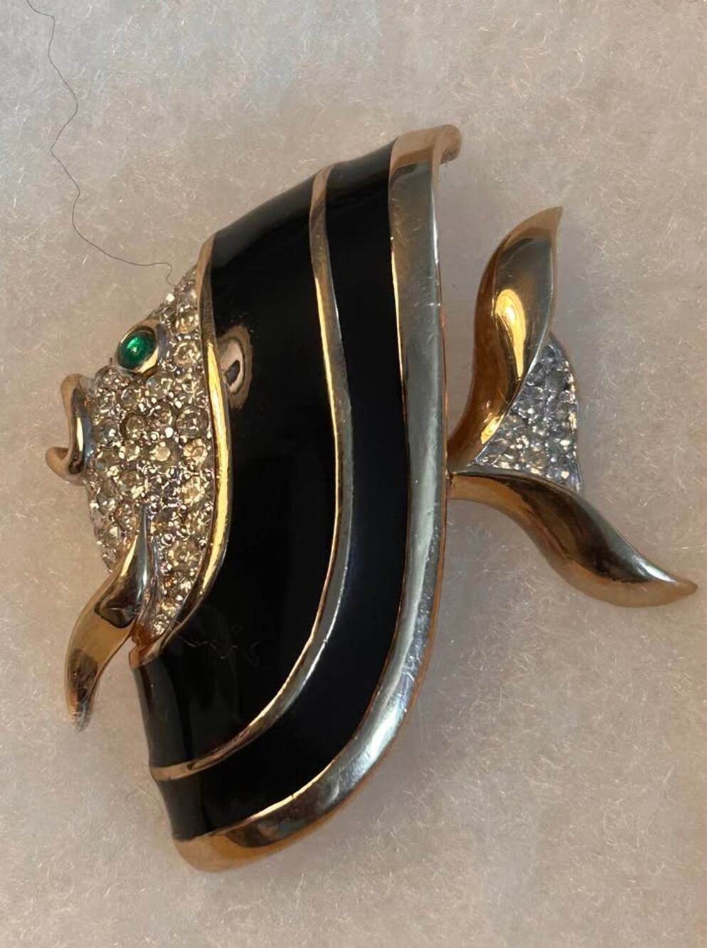 Vintage Signed Panetta Black Enamel Rhinestone Angelfish Brooch – Green Eye